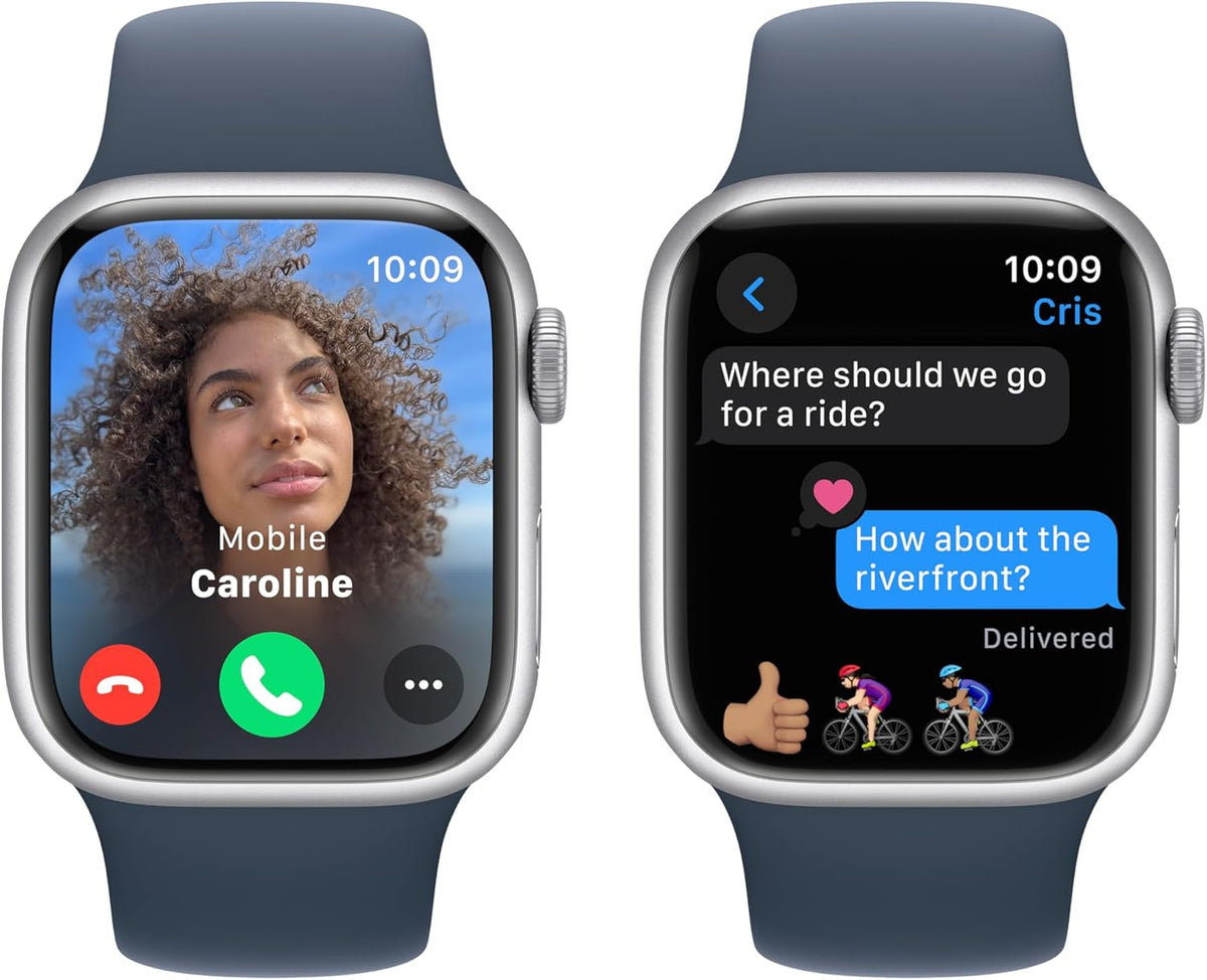 Refurbished Apple Watch Series 9 Aluminum 45mm A2980 (GPS Only, No Cellular) Silver (Grade A+) Bundle with Pre-Installed Tempered Glass and Bluetooth Earbuds