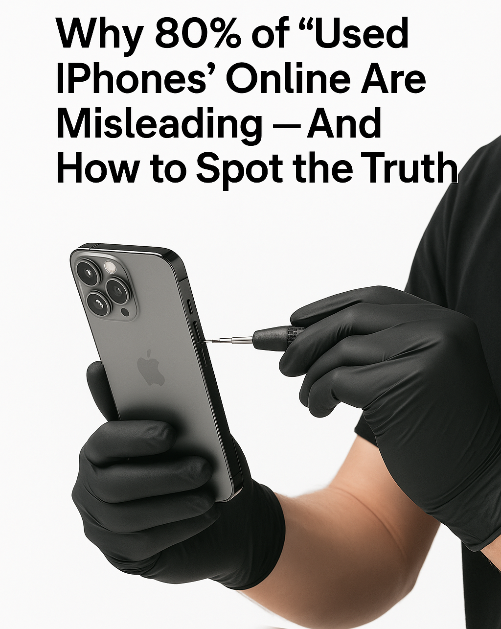A technician wearing black gloves inspects an iPhone with a small screwdriver.