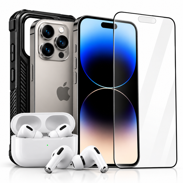 iPhone Bundle with Case, Tempered Glass and Wireless Earbuds