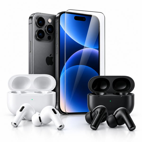 iPhone Bundle with Pre-Installed Tempered Glass and Bluetooth Earbuds