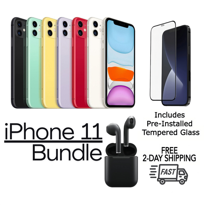 Refurbished Apple iPhone 11 | Fully Unlocked | Bundle w/ Pre-Installed Tempered Glass and Bluetooth Earbuds