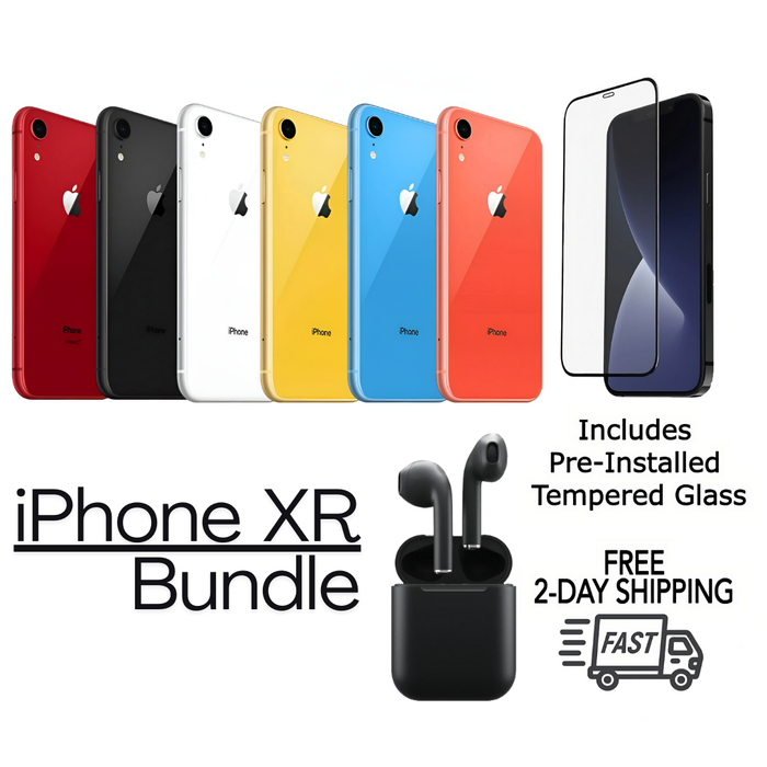 Refurbished Apple iPhone XR | Fully Unlocked | Bundle w/ Pre-Installed Tempered Glass and Bluetooth Earbuds