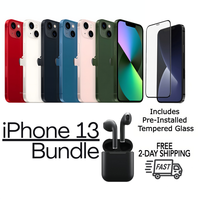 Refurbished Apple iPhone 13 | Fully Unlocked | Bundle w/  Pre-Installed Tempered Glass and Bluetooth Earbuds