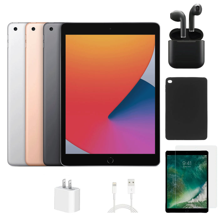 Refurbished Apple iPad 8th Gen | WiFi + Cellular Unlocked | Bundle w/ Case, Wireless Earbuds,Tempered Glass Screen Protector