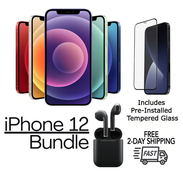 Refurbished Apple iPhone 12 | Fully Unlocked | Bundle w/ Pre-Installed Tempered Glass and Bluetooth Earbuds