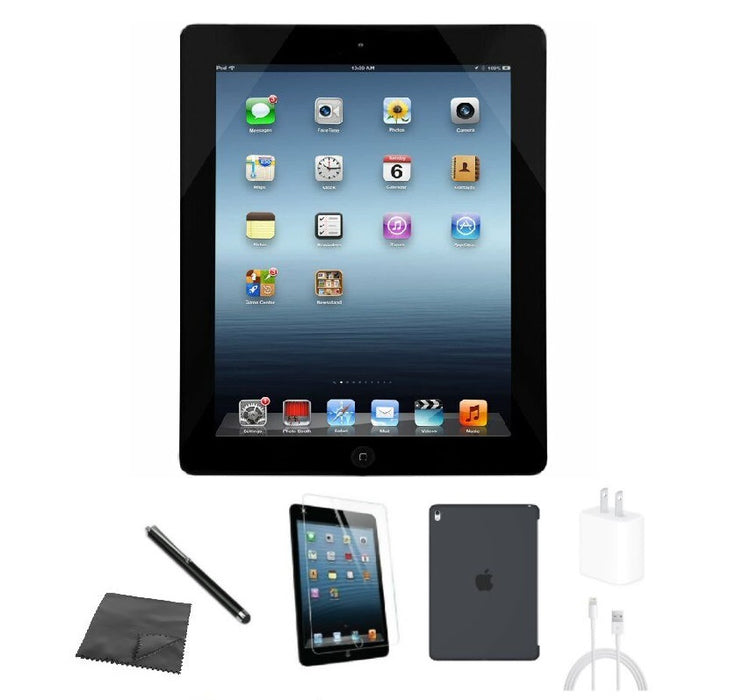 Refurbished Apple iPad 4 | WiFi + Cellular CDMA Unlocked | Bundle w/ Case, Tempered Glass, Stylus, Charger