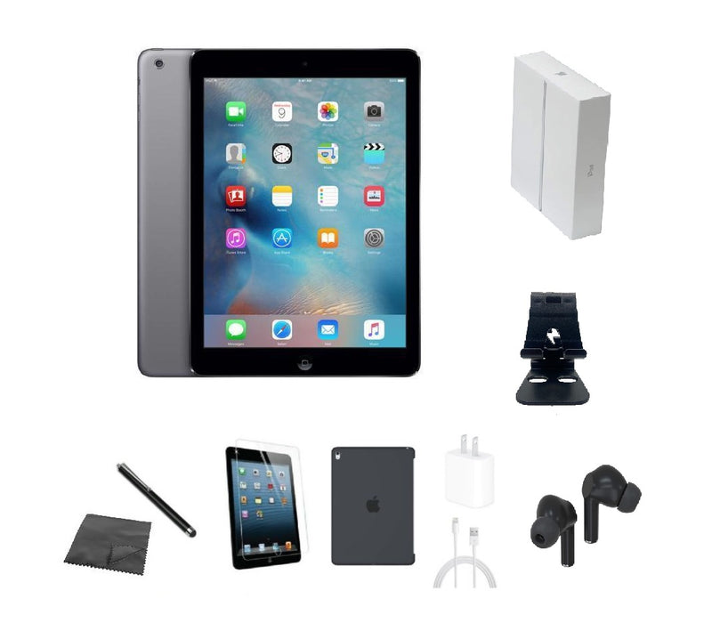 Refurbished Apple iPad Air  | WiFi + Cellular Unlocked | Bundle w/ Case, Box, Bluetooth Earbuds, Tempered Glass, Stylus, Stand, Charger