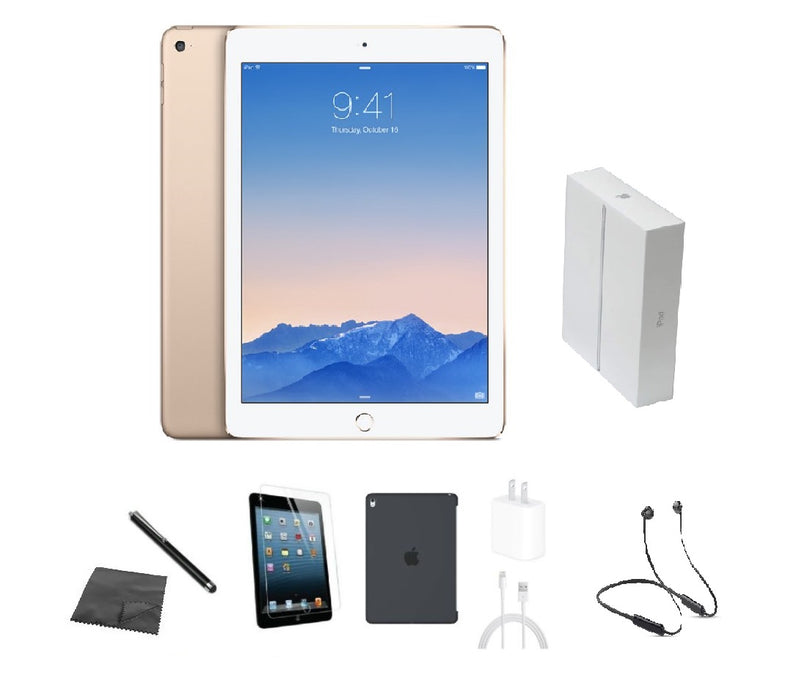 Refurbished Apple iPad Air 2 | WiFi + Cellular Unlocked | Bundle w/ Case, Box, Bluetooth Neckband Earbuds, Tempered Glass, Stylus, Charger