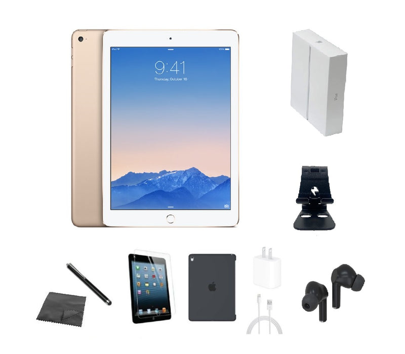 Refurbished Apple iPad Air 2 | WiFi + Cellular Unlocked | Bundle w/ Case, Box, Bluetooth Earbuds, Tempered Glass, Stylus, Stand, Charger