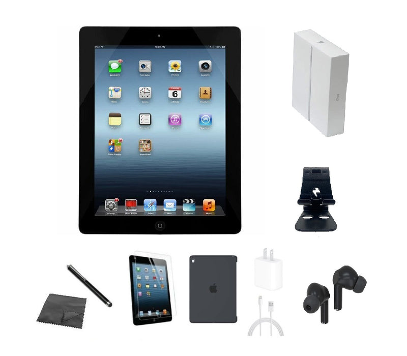 Refurbished Apple iPad 4 | WiFi + Cellular GSM Unlocked | Bundle w/ Case, Box, Bluetooth Earbuds, Tempered Glass, Stylus, Stand, Charger