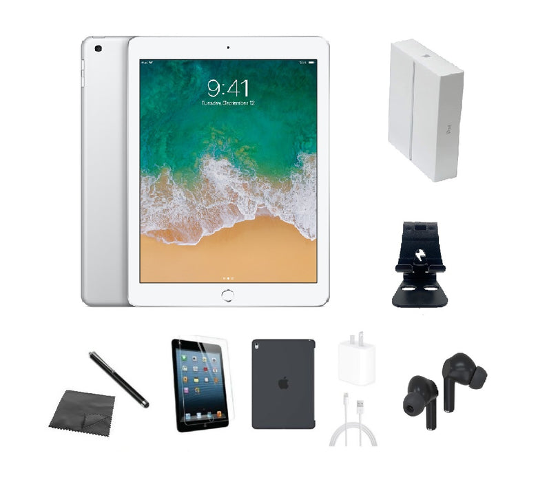 Refurbished Apple iPad 5 | WiFi + Cellular Unlocked | Bundle w/ Case, Box, Bluetooth Earbuds, Tempered Glass, Stylus, Stand, Charger