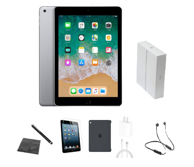 Refurbished Apple iPad 6th Gen | WiFi + Cellular Unlocked | Bundle w/ Case, Box, Bluetooth Headset, Tempered Glass, Stylus, Charger