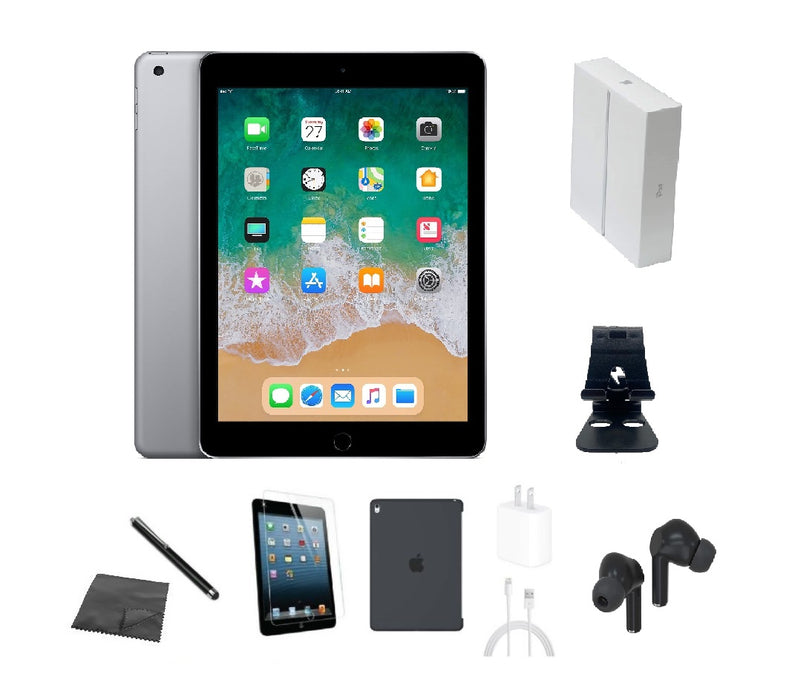 Refurbished Apple iPad 6th Gen | WiFi + Cellular Unlocked | Bundle w/ Case, Box, Bluetooth Earbuds, Tempered Glass, Stylus, Stand, Charger