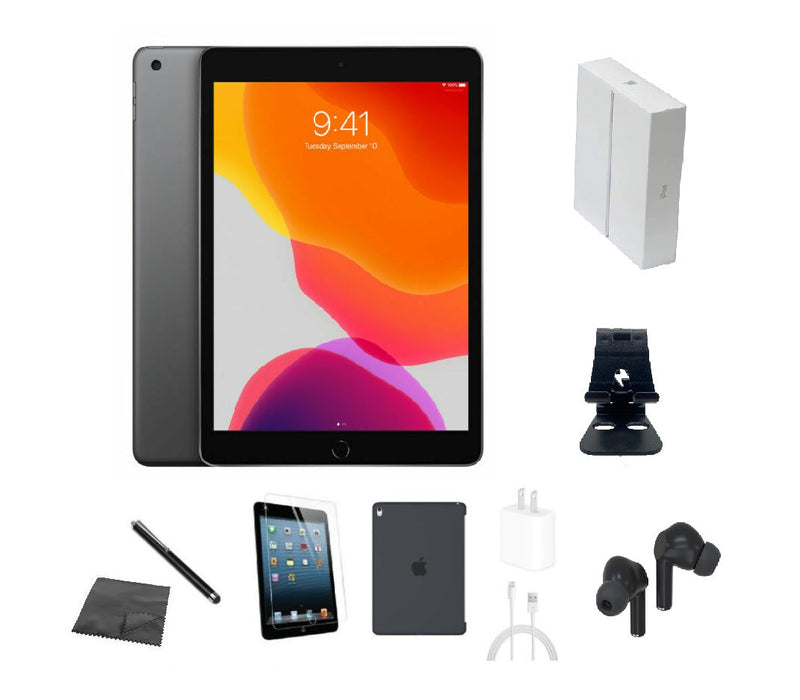 Refurbished Apple iPad 7th Gen | WiFi | Bundle w/ Case, Box, Bluetooth Earbuds, Tempered Glass, Stylus, Stand, Charger