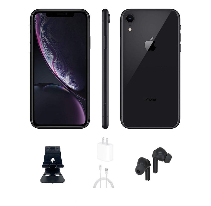 Refurbished Apple iPhone XR | Fully Unlocked | Bundle w/ Bluetooth Earbuds, Stand, Charger, Microfiber
