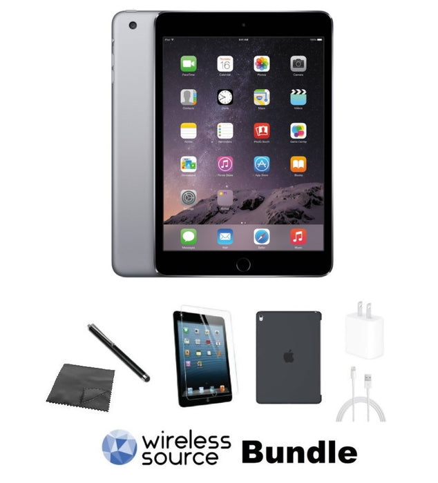 Refurbished Apple iPad Mini 3 | WiFi + Cellular Unlocked | Bundle w/ Case, Tempered Glass, Stylus, Microfiber Cleaning Cloth, Charger