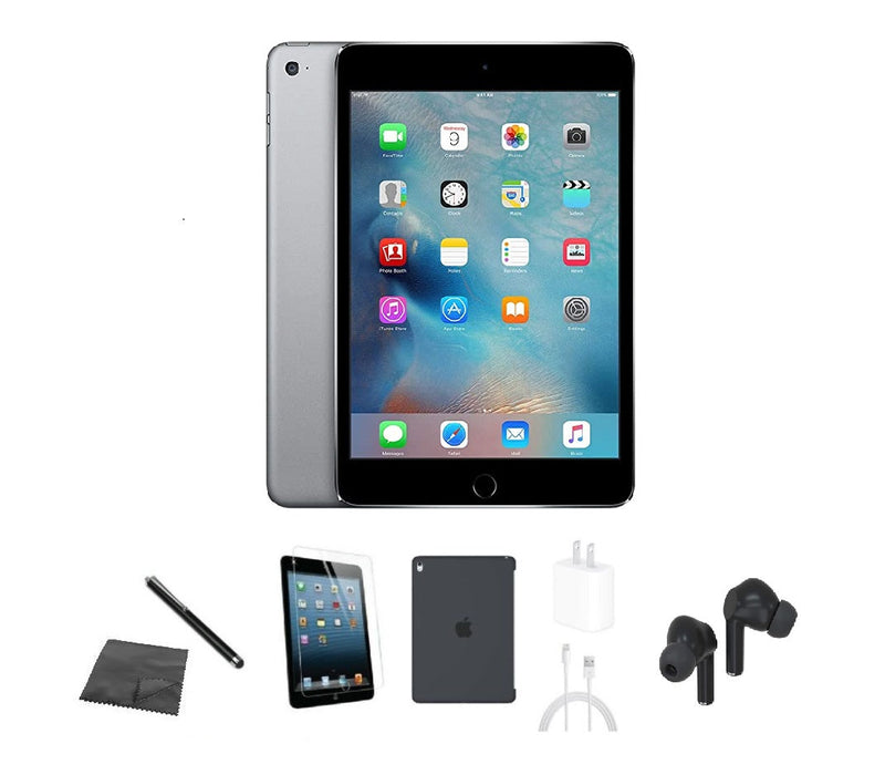 Refurbished Apple iPad Mini 4 | WiFi | Bundle w/ Case, Bluetooth Earbuds, Tempered Glass, Stylus, Charger