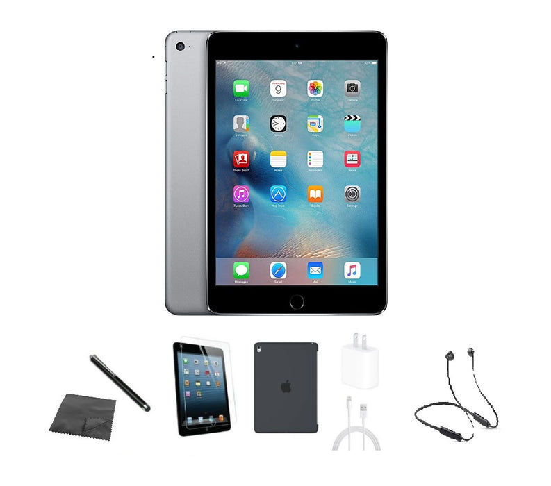 Refurbished Apple iPad Mini 4 | WiFi + Cellular Unlocked | Bundle w/ Case, Bluetooth Headset, Tempered Glass, Stylus, Charger