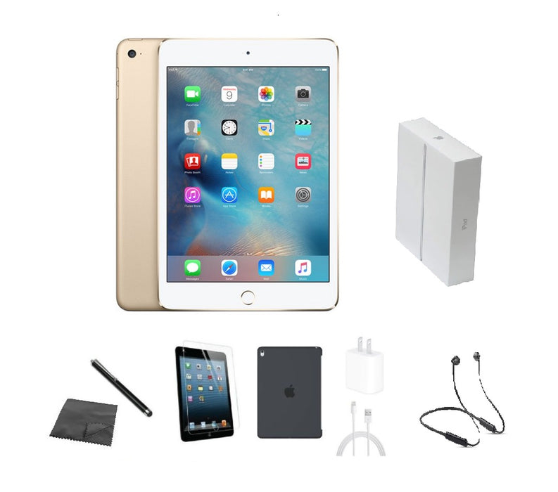 Refurbished Apple iPad Mini 4 | WiFi | Bundle w/ Case, Box, Bluetooth Headset, Tempered Glass, Stylus, Charger