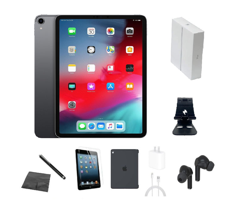 Refurbished Apple iPad Pro 11" | 2018 | WiFi + Cellular Unlocked | Bundle w/ Case, Box, Bluetooth Earbuds, Tempered Glass, Stylus, Stand, Charger