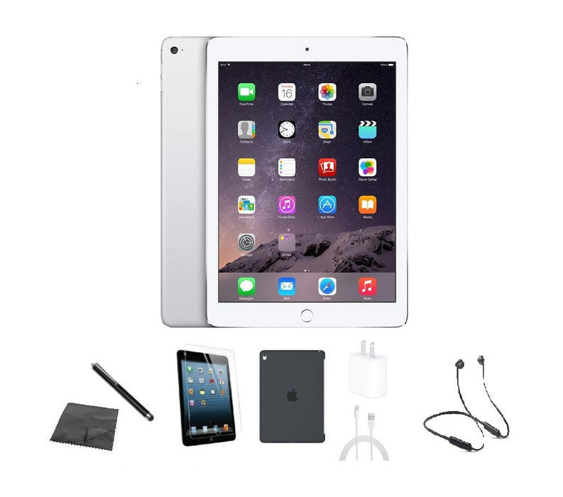 Refurbished Apple iPad Air 2 | WiFi + Cellular Unlocked | Bundle w/ Case, Bluetooth Neckband Earbuds, Tempered Glass, Stylus, Charger