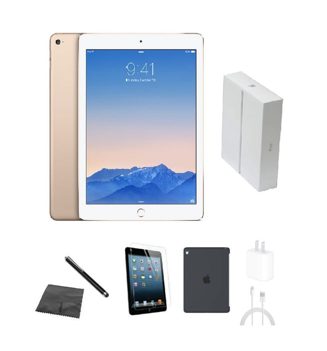 Refurbished Apple iPad Air 2 | WiFi + Cellular Unlocked | Bundle w/ Case, Box, Tempered Glass, Stylus, Charger