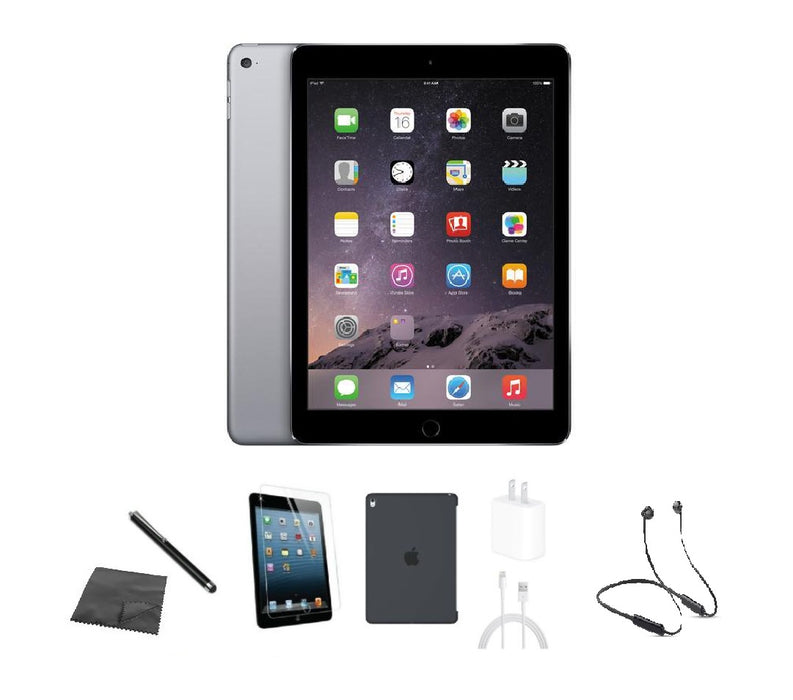 Refurbished Apple iPad Air 2 | WiFi + Cellular Unlocked | Bundle w/ Case, Bluetooth Headset, Tempered Glass, Stylus, Charger