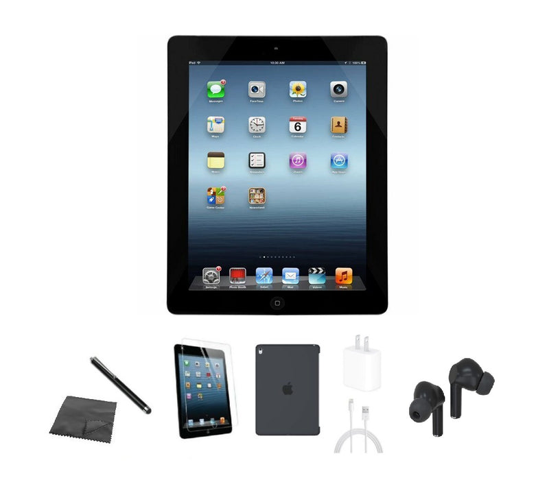 Refurbished Apple iPad 4 | WiFi + Cellular CDMA Unlocked | Bundle w/ Case, Bluetooth Earbuds, Tempered Glass, Stylus, Charger