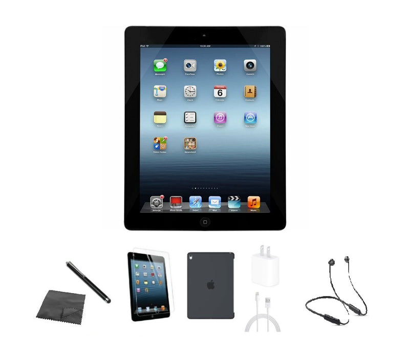 Refurbished Apple iPad 4 | WiFi + Cellular CDMA Unlocked | Bundle w/ Case, Bluetooth Headset, Tempered Glass, Stylus, Charger