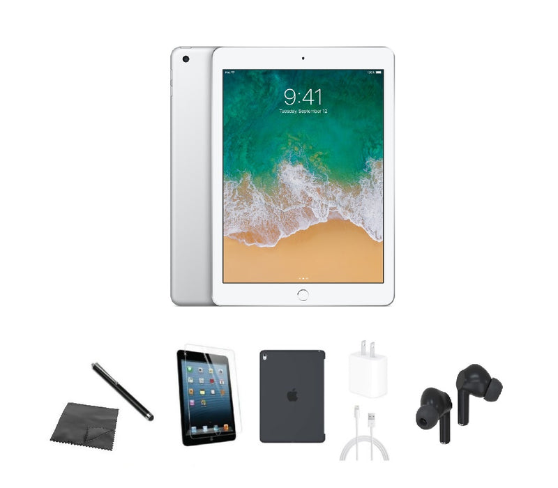 Refurbished Apple iPad 5 | WiFi + Cellular Unlocked | Bundle w/ Case, Bluetooth Earbuds, Tempered Glass, Stylus, Charger
