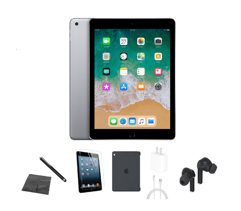 Refurbished Apple iPad 6th Gen | WiFi + Cellular Unlocked | Bundle w/ Case, Bluetooth Earbuds, Tempered Glass, Stylus, Charger