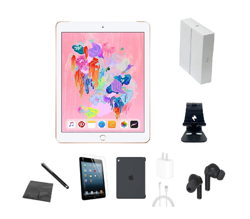 Refurbished Apple iPad 6th Gen | WiFi + Cellular Unlocked | Bundle w/ Case, Box, Bluetooth Earbuds, Tempered Glass, Stylus, Stand, Charger