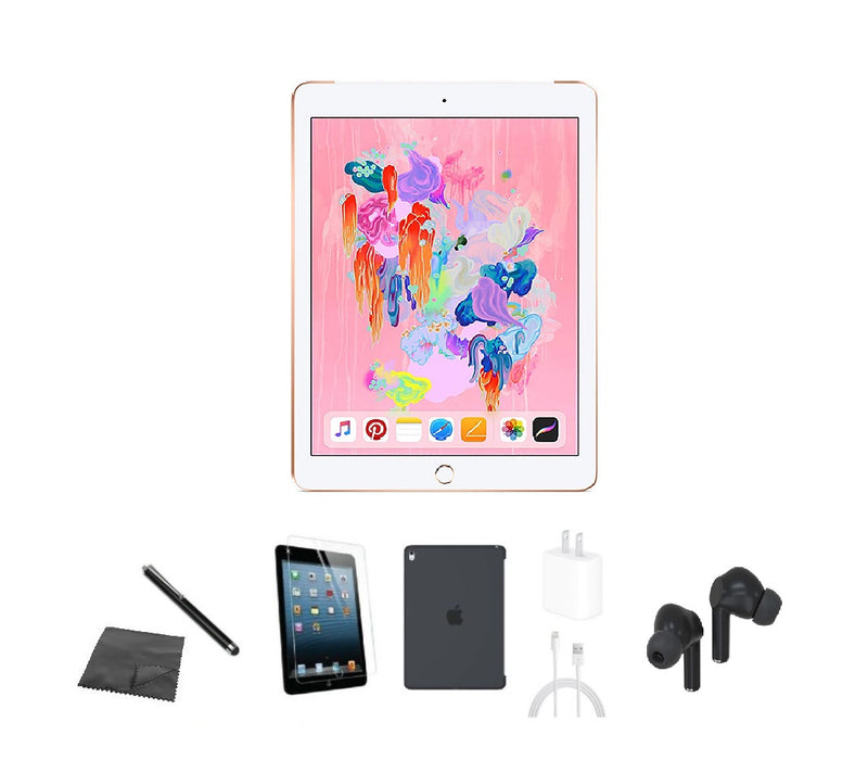 Refurbished Apple iPad 6th Gen | WiFi + Cellular Unlocked | Bundle w/ Case, Bluetooth Earbuds, Tempered Glass, Stylus, Charger