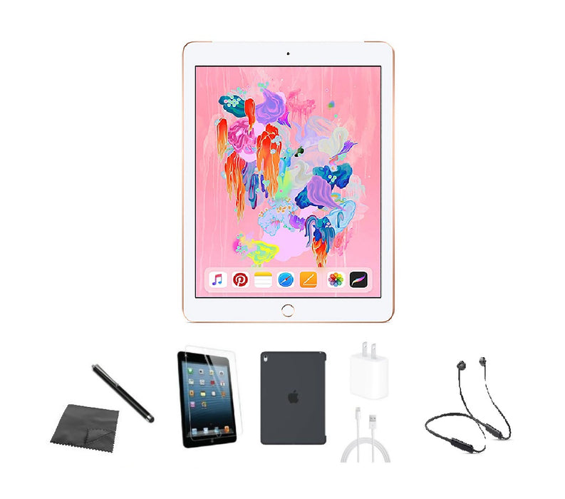 Refurbished Apple iPad 6th Gen | WiFi + Cellular Unlocked | Bundle w/ Case, Bluetooth Headset, Tempered Glass, Stylus, Charger