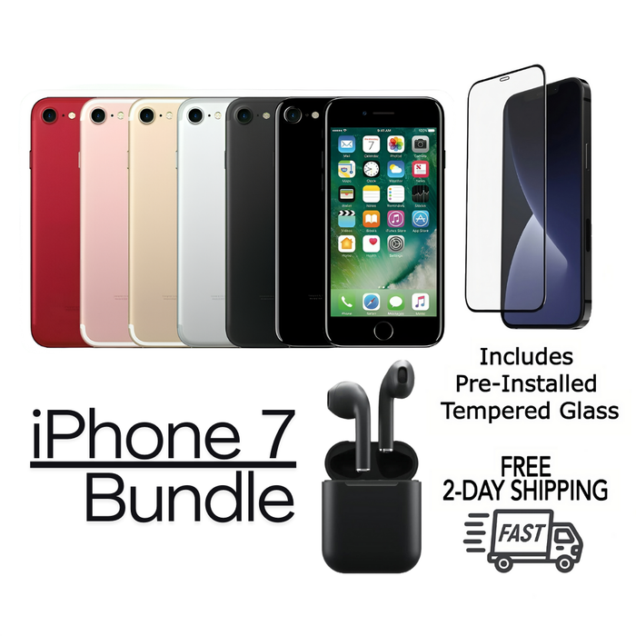 Refurbished Apple iPhone 7 | Fully Unlocked | Bundle w/ Pre-Installed Tempered Glass and Bluetooth Earbuds