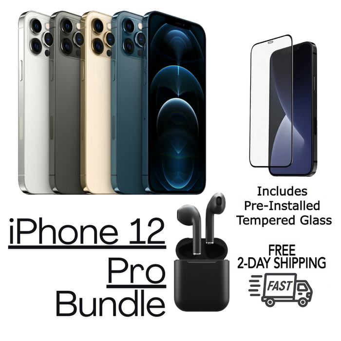 Refurbished Apple iPhone 12 Pro | Fully Unlocked | Bundle w/ Pre-Installed Tempered Glass and Bluetooth Earbuds