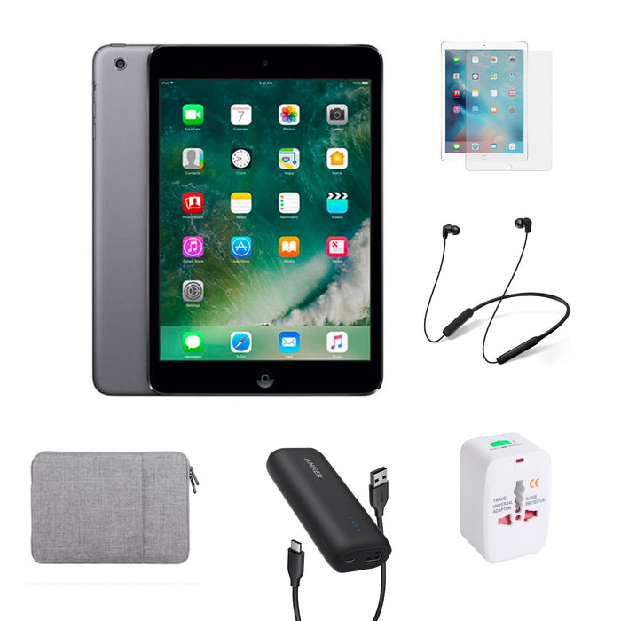 Refurbished Apple iPad Mini 2 | WiFi | Bundle w/ Travel Case, International Adapter, Portable Charger, Neckband Earbuds, Microfiber & Tempered Glass