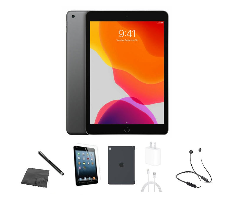 Refurbished Apple iPad 7th Gen | WiFi | Bundle w/ Case, Bluetooth Neckband Earbuds, Tempered Glass, Stylus, Charger