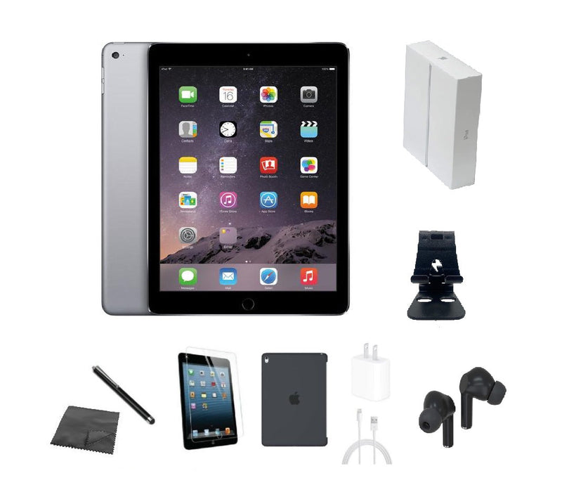 Refurbished Apple iPad Air 2 | WiFi | Bundle w/ Case, Box, Bluetooth Earbuds, Tempered Glass, Stylus, Stand, Charger