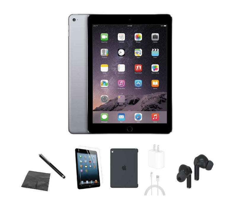 Refurbished Apple iPad Air 2 | WiFi | Bundle w/ Case, Bluetooth Earbuds, Tempered Glass, Stylus, Charger