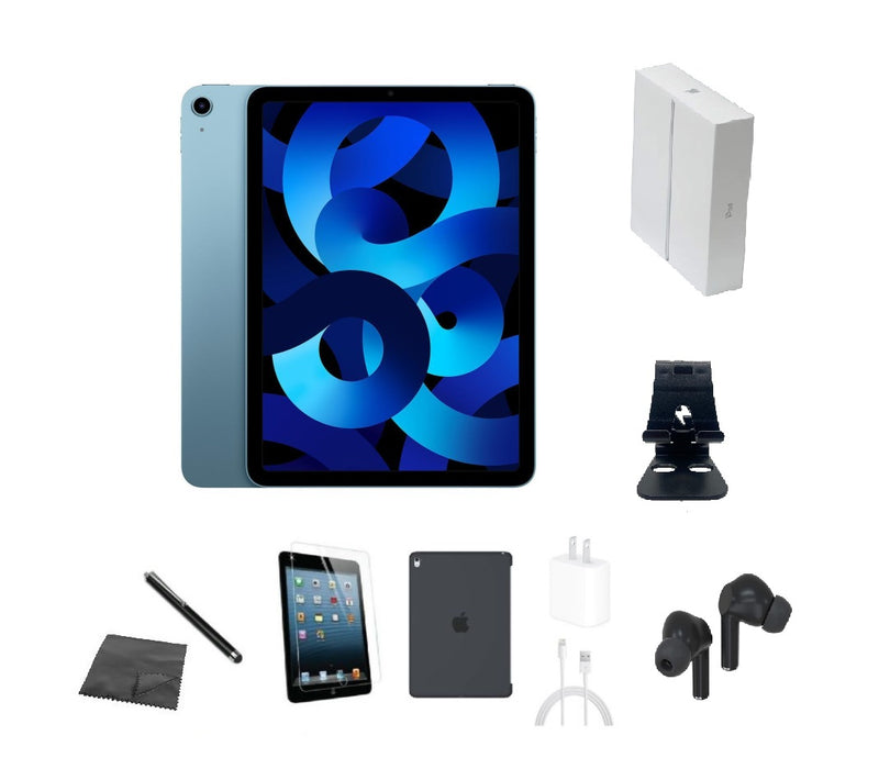Refurbished Apple iPad Air 5 | WiFi + Cellular Unlocked | Bundle w/ Case, Box, Bluetooth Earbuds, Tempered Glass, Stylus, Stand, Charger