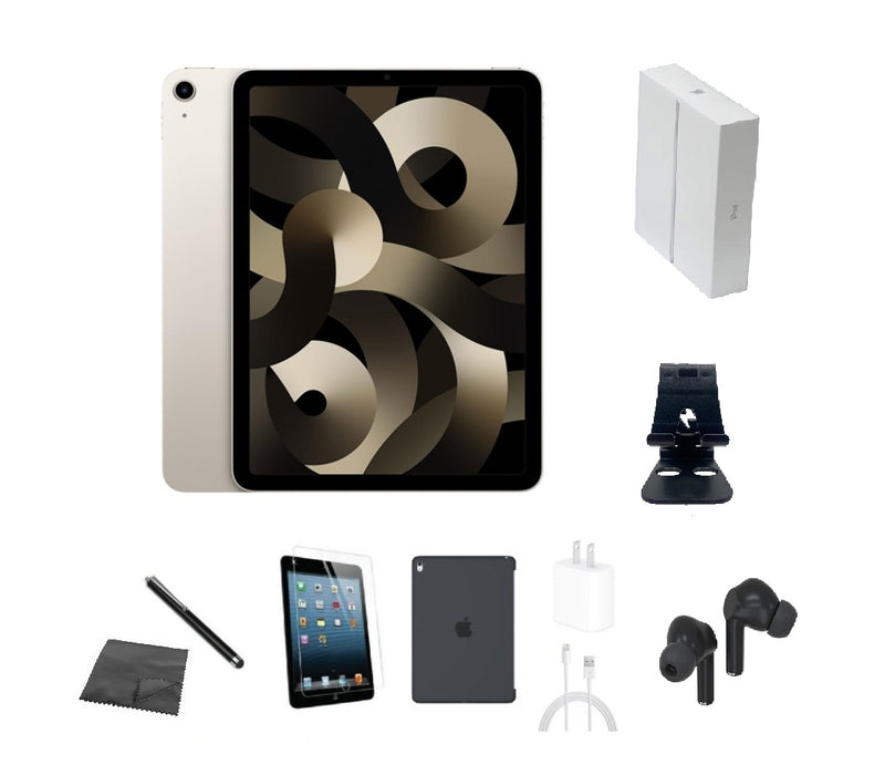 Refurbished Apple iPad Air 5 | WiFi | Bundle w/ Case, Box, Bluetooth Earbuds, Tempered Glass, Stylus, Stand, Charger
