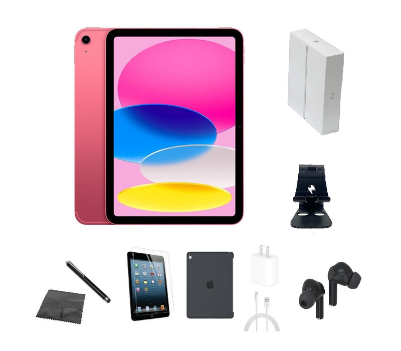 Refurbished Apple iPad 10th Gen | WiFi | Bundle w/ Case, Box, Bluetooth Earbuds, Tempered Glass, Stylus, Stand, Charger