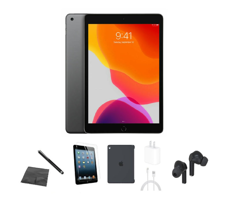 Refurbished Apple iPad 7th Gen | WiFi + Cellular Unlocked | Bundle w/ Case, Bluetooth Earbuds, Tempered Glass, Stylus, Charger