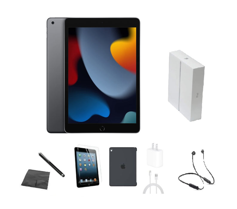 Refurbished Apple iPad 9th Gen | WiFi + Cellular Unlocked | Bundle w/ Case, Box, Bluetooth Headset, Tempered Glass, Stylus, Charger