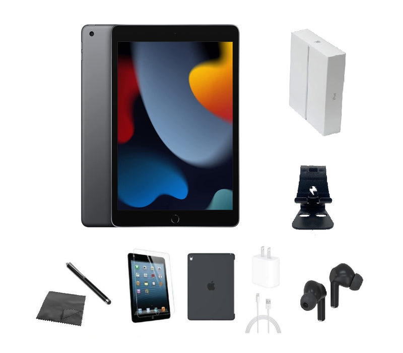 Refurbished Apple iPad 9th Gen | WiFi + Cellular Unlocked | Bundle w/ Case, Box, Bluetooth Earbuds, Tempered Glass, Stylus, Stand, Charger