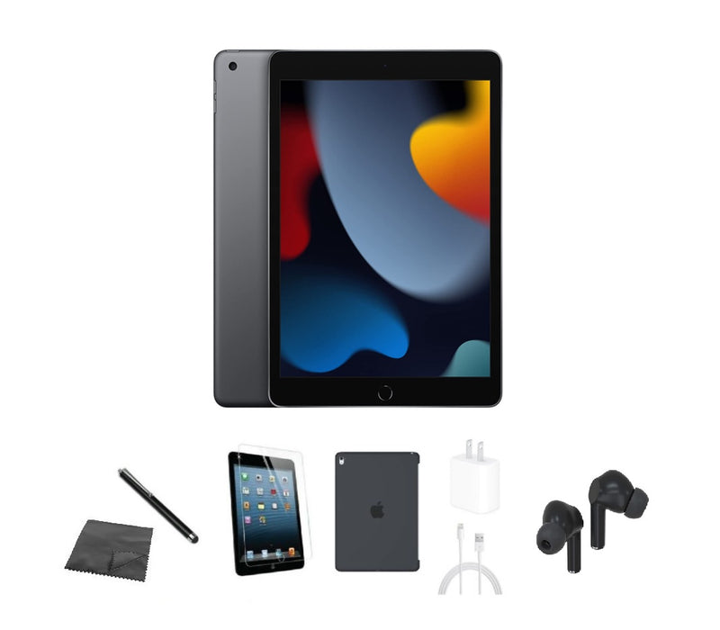 Refurbished Apple iPad 9th Gen | WiFi + Cellular Unlocked | Bundle w/ Case, Bluetooth Earbuds, Tempered Glass, Stylus, Charger