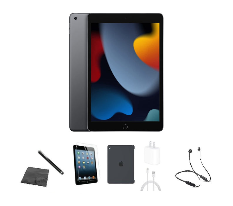 Refurbished Apple iPad 9th Gen | WiFi + Cellular Unlocked | Bundle w/ Case, Bluetooth Headset, Tempered Glass, Stylus, Charger