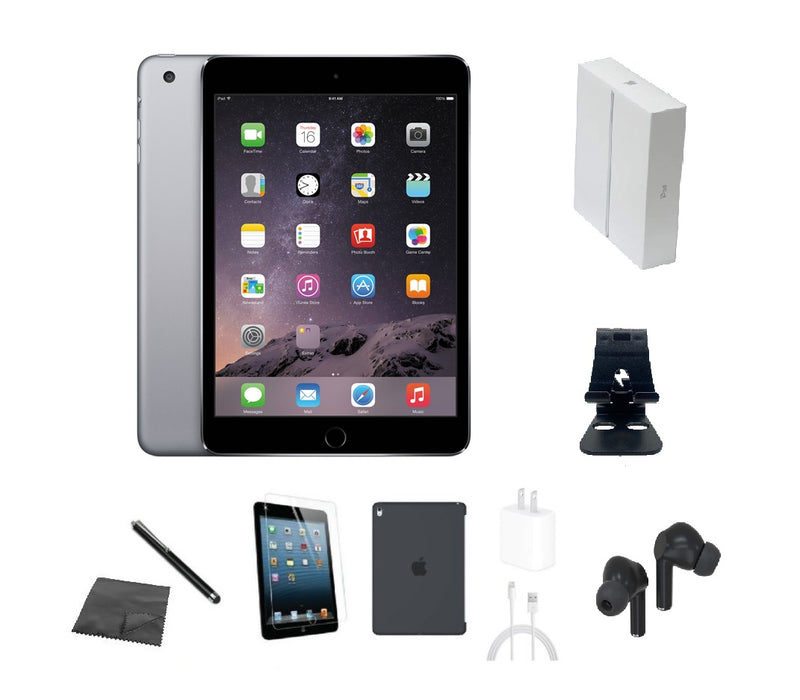 Refurbished Apple iPad Mini 3 | WiFi + Cellular Unlocked | Bundle w/ Case, Box, Bluetooth Earbuds, Tempered Glass, Stylus, Stand, Charger