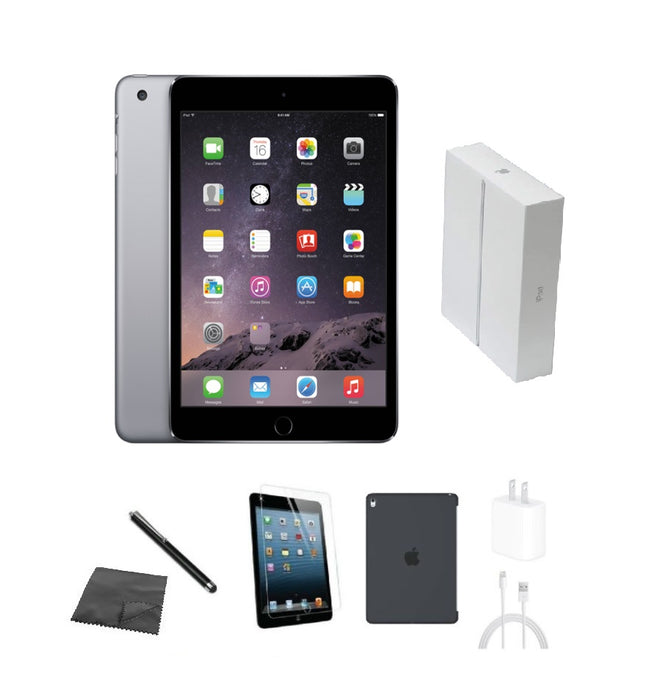Refurbished Apple iPad Mini 3 | WiFi + Cellular Unlocked | Bundle w/ Case, Box, Tempered Glass, Stylus, Charger